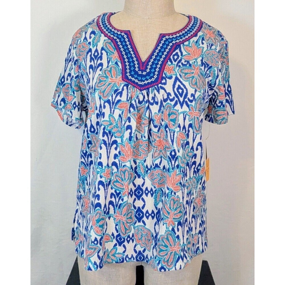 Ruby Rd Petite PXL Ibiza Sunset Embroidered Split Neck Short Sleeve Top NWT